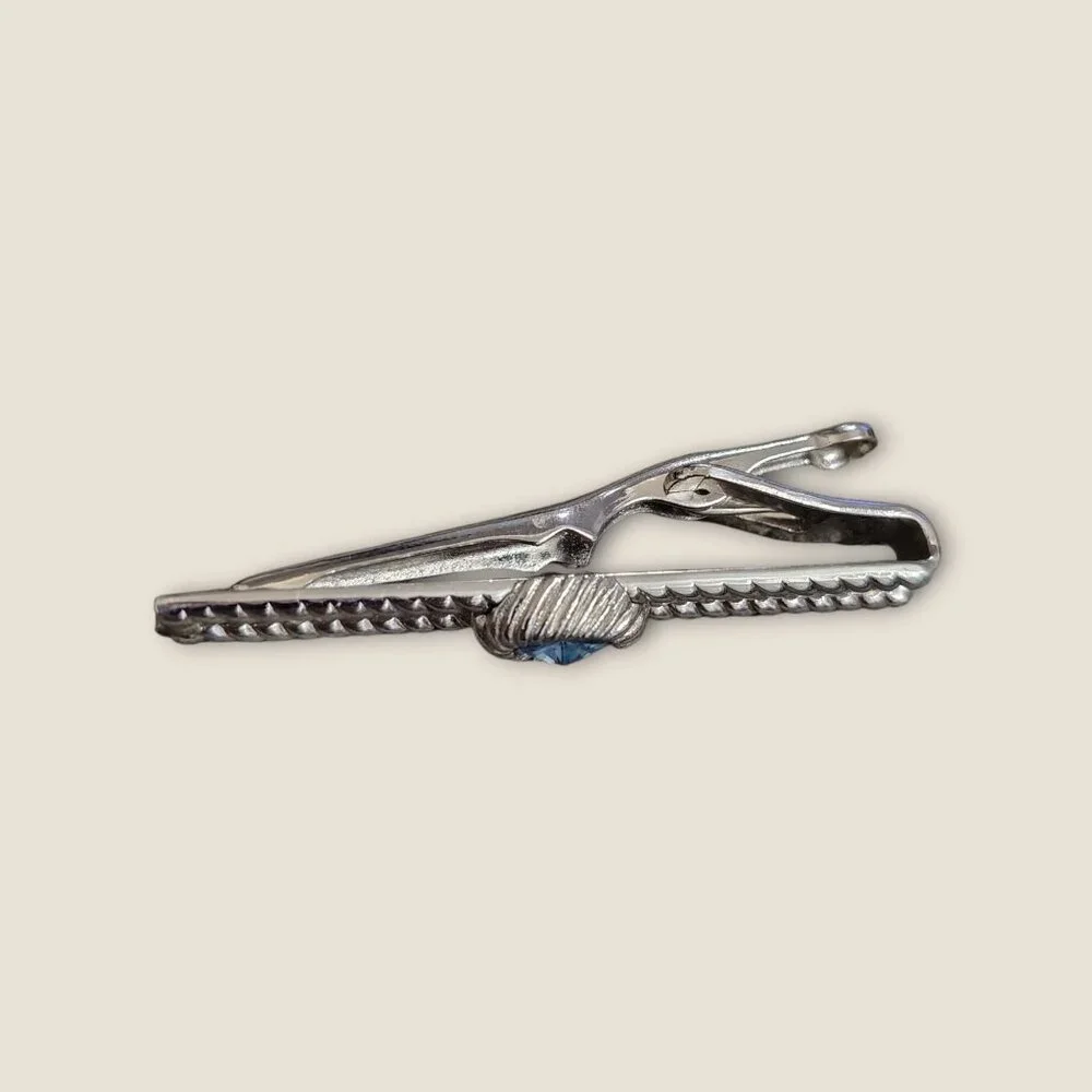 Vintage Estate Swank Silver Tone Tie Clip With Blue Rhinestone Accent